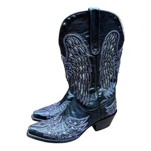 Ferrini  Cowboy Boots Women size 7B Angel Wings Cross Black Leather Inlay